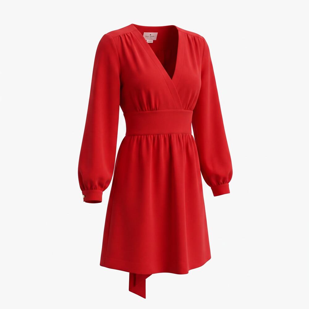 Kate Spade : Red wrap style dress with v-neckline and long sleeves Size S